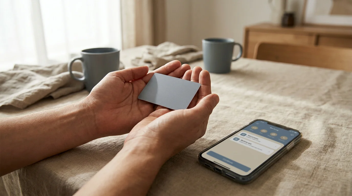Hände, die eine Kreditkarte entgegennehmen, daneben ein Smartphone mit einer Banking-App-Anzeige, Tageslicht