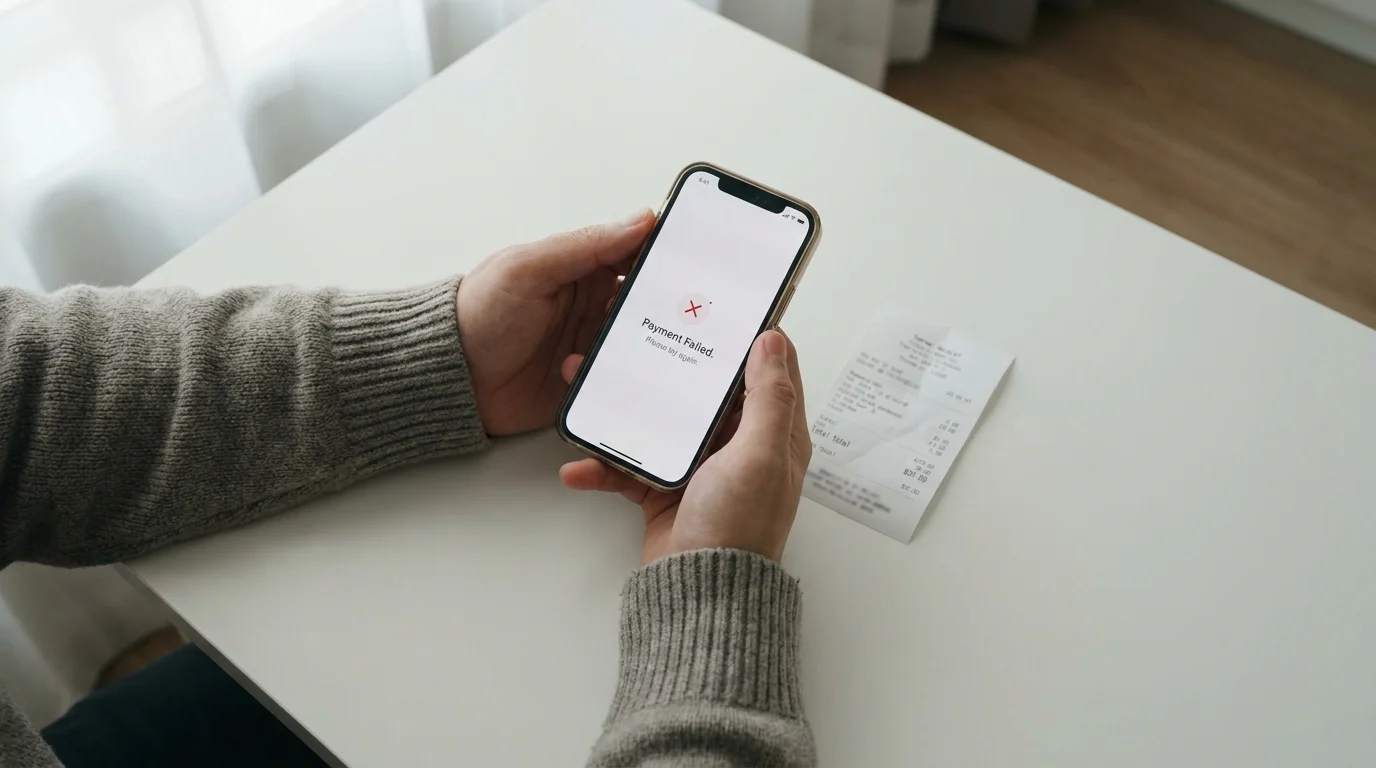 Hände halten eine Smartphone-Banking-App mit einer generischen Ablehnungs-Anzeige, daneben ein Ausdruck mit Zahlen