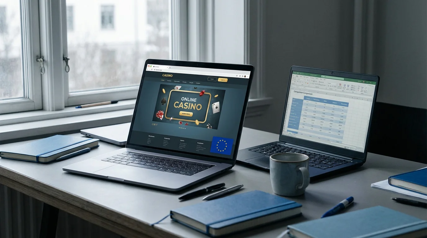 Zwei Laptops mit Casino-Interfaces nebeneinander