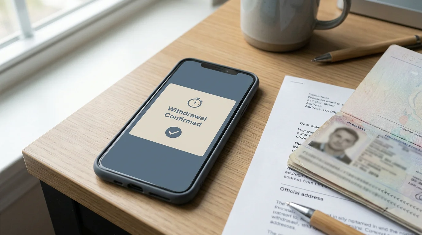 Smartphone zeigt eine Auszahlungs-Bestätigung mit Timer-Anzeige und einem Ausweis daneben