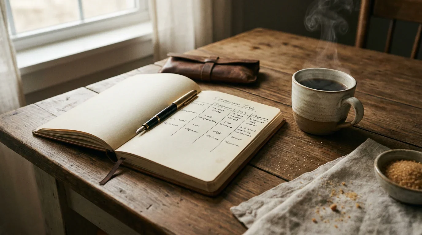 Vergleichstabelle auf einem aufgeschlagenen Notizbuch mit Stift und Kaffeetasse daneben