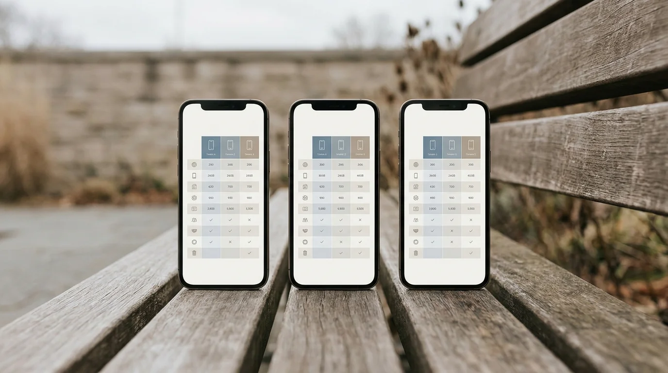 Drei Smartphones nebeneinander mit Vergleichstabellen