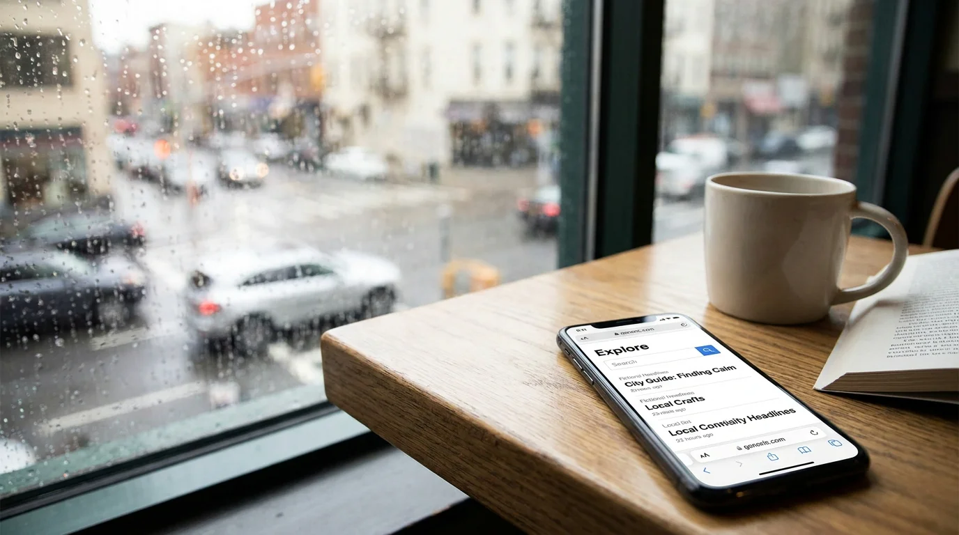 Smartphone-Bildschirm mit mobiler Web-App eines Casinos, daneben ein Stadtblick bei Tag