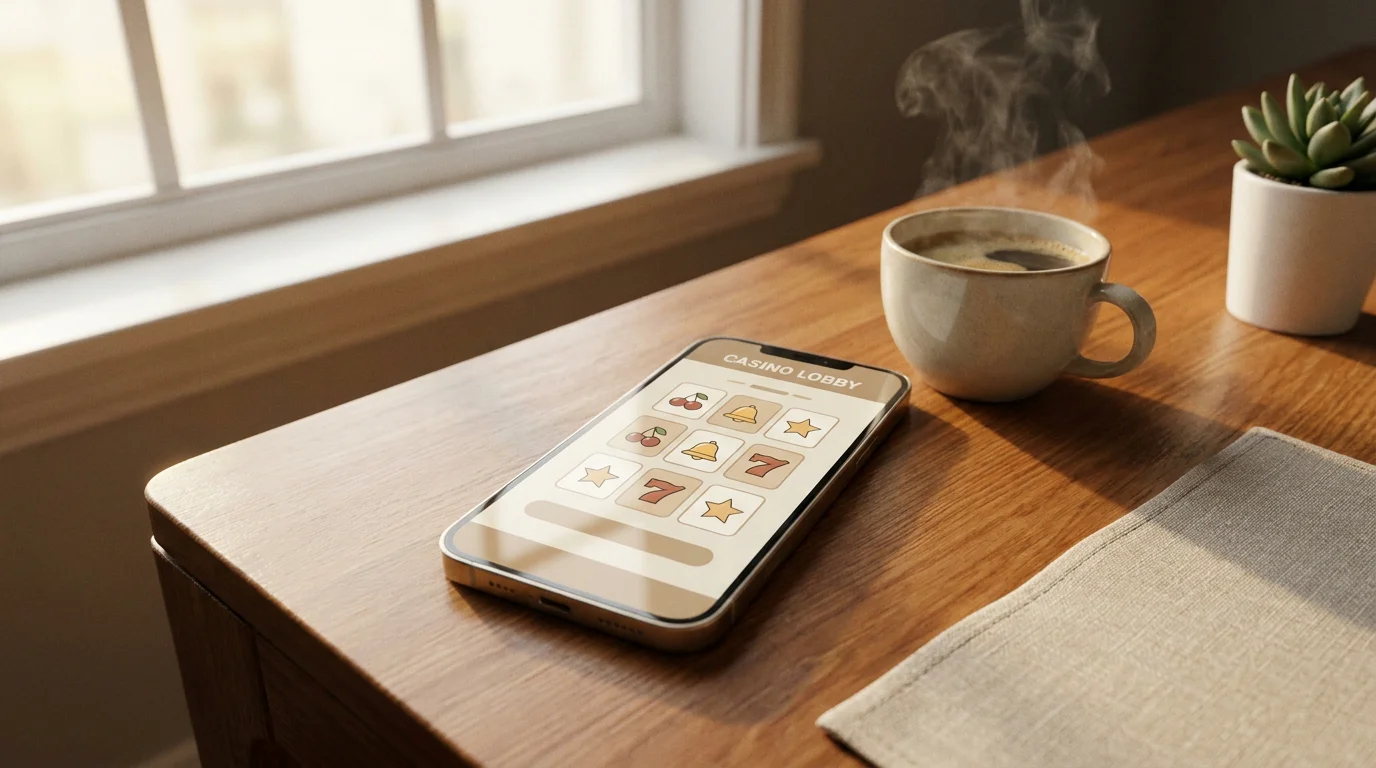 Smartphone mit Casino-App und Bank-App im Splitscreen auf einem Schreibtisch mit Kaffeetasse