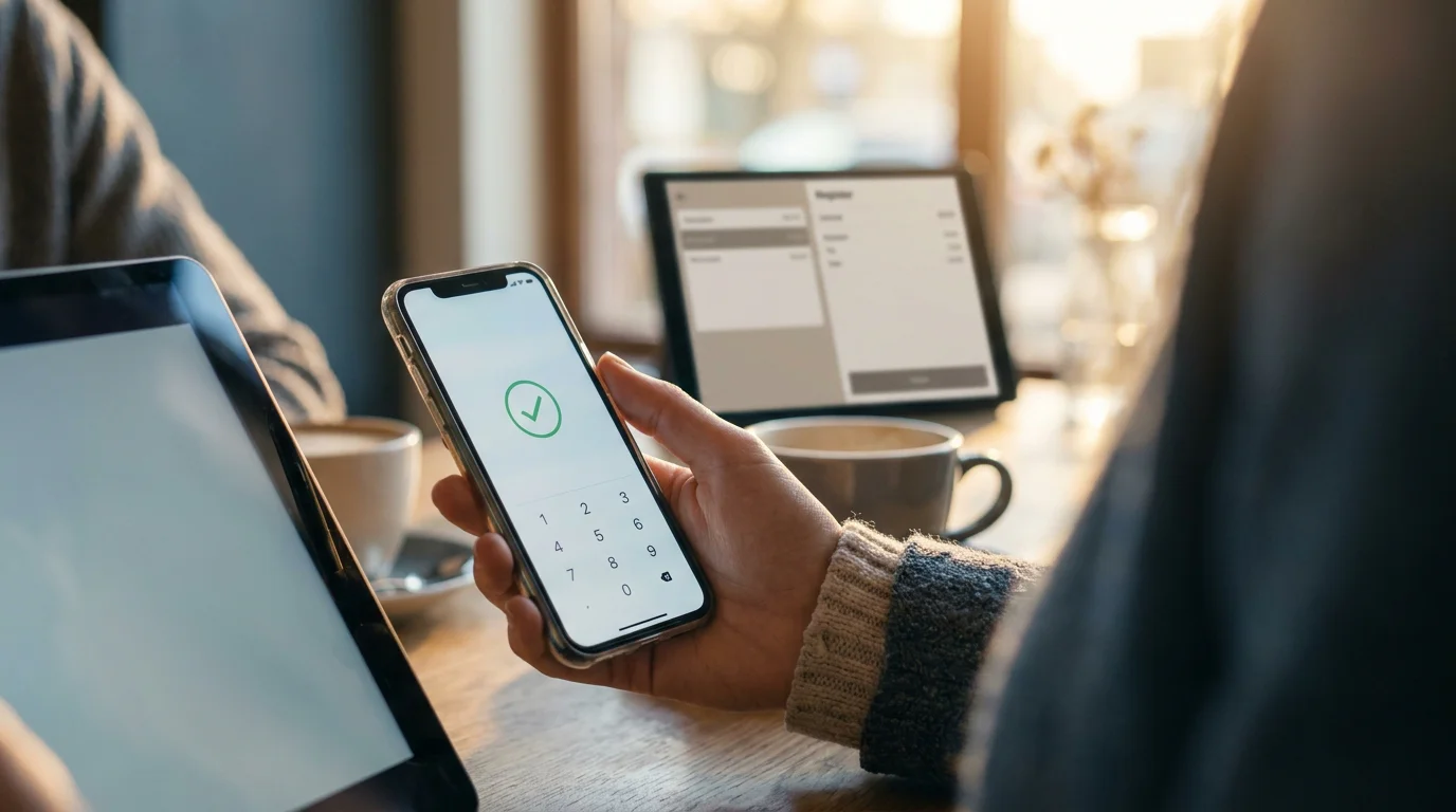 Smartphone mit MuchBestätigungs-Push und Casino-Kassenbildschirm im Hintergrund