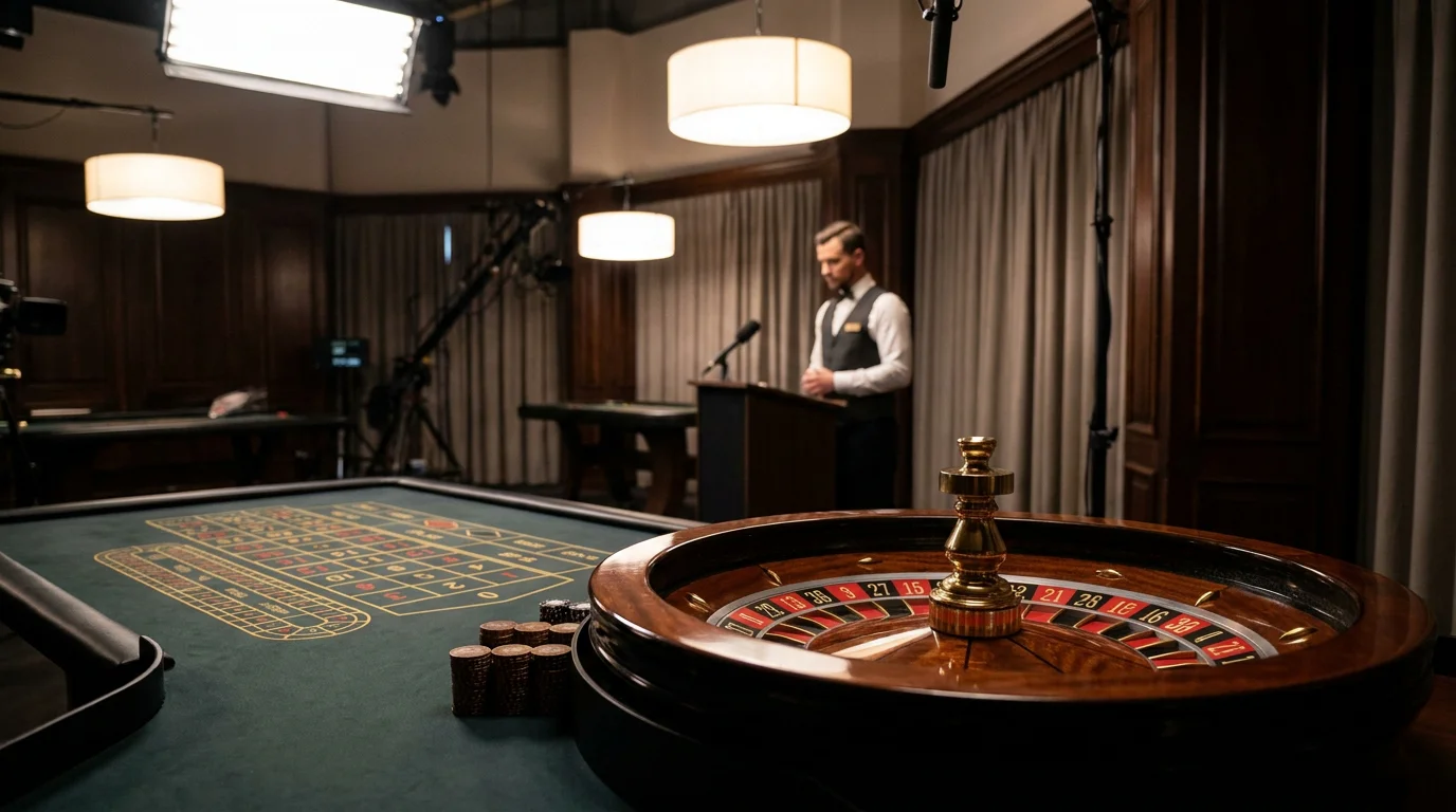 Live-Croupier-Tisch mit Roulette-Kessel in einem ruhigen Schweizer Studio