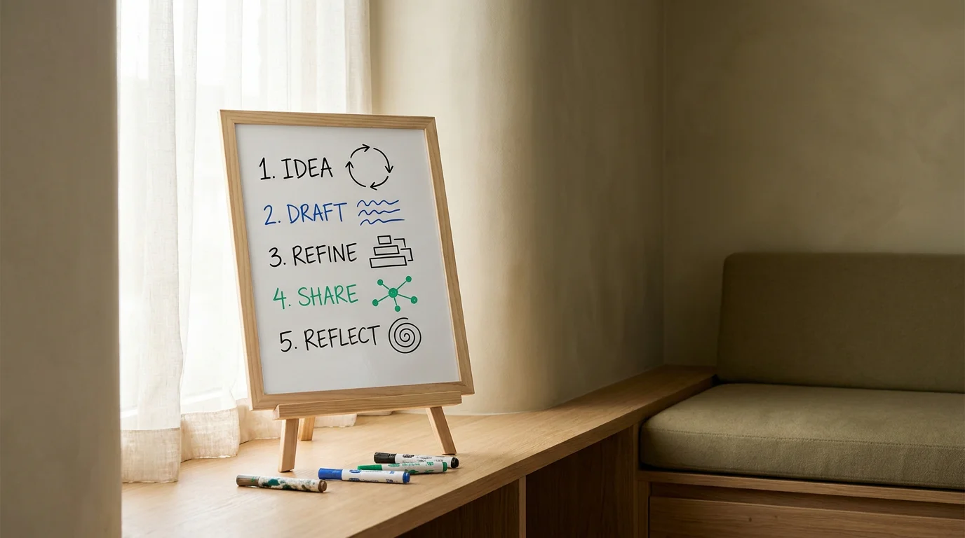 Prozess-Skizze auf einem Whiteboard mit fünf nummerierten Schritten