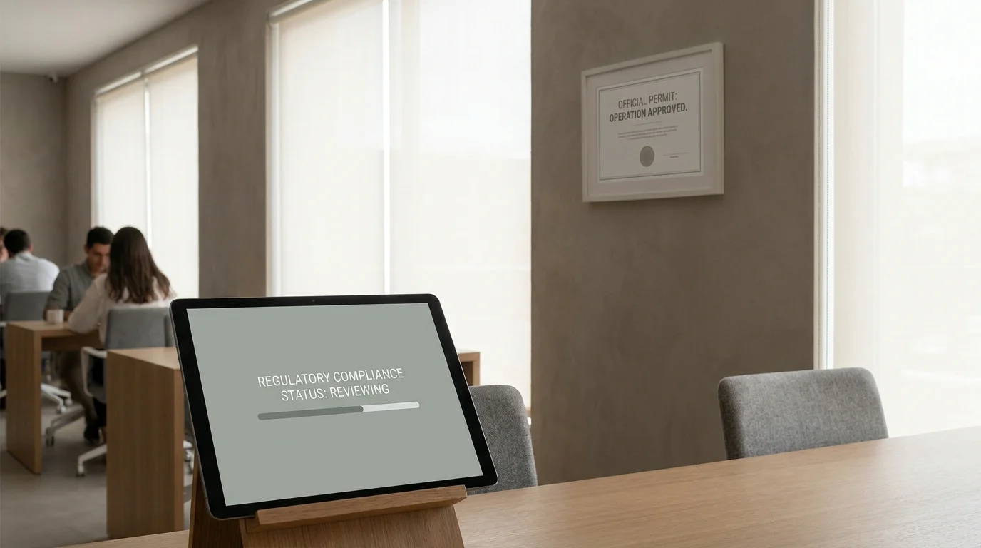 Tablet mit OASIS-/LUGAS-konformer Compliance-Oberfläche und GGL-Erlaubnis als Symbol für Spielerschutz
