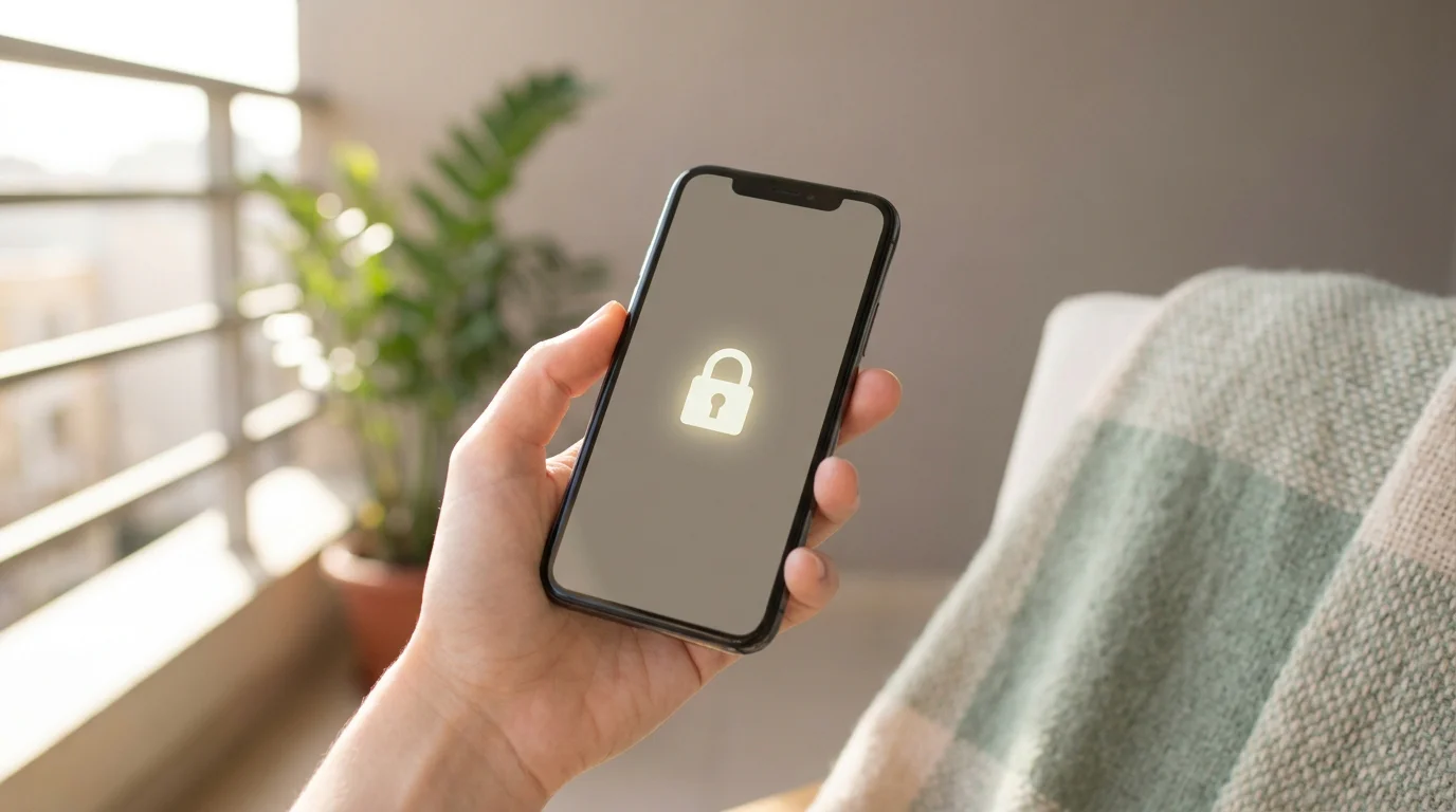 Hand, die ein Smartphone mit einer Sperr- oder Bestätigungs-Notiz hält, vor einem ruhigen Hintergrund
