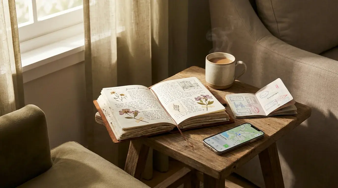 Notizbuch mit handschriftlichem Sperrvermerk neben einer Kaffeetasse
