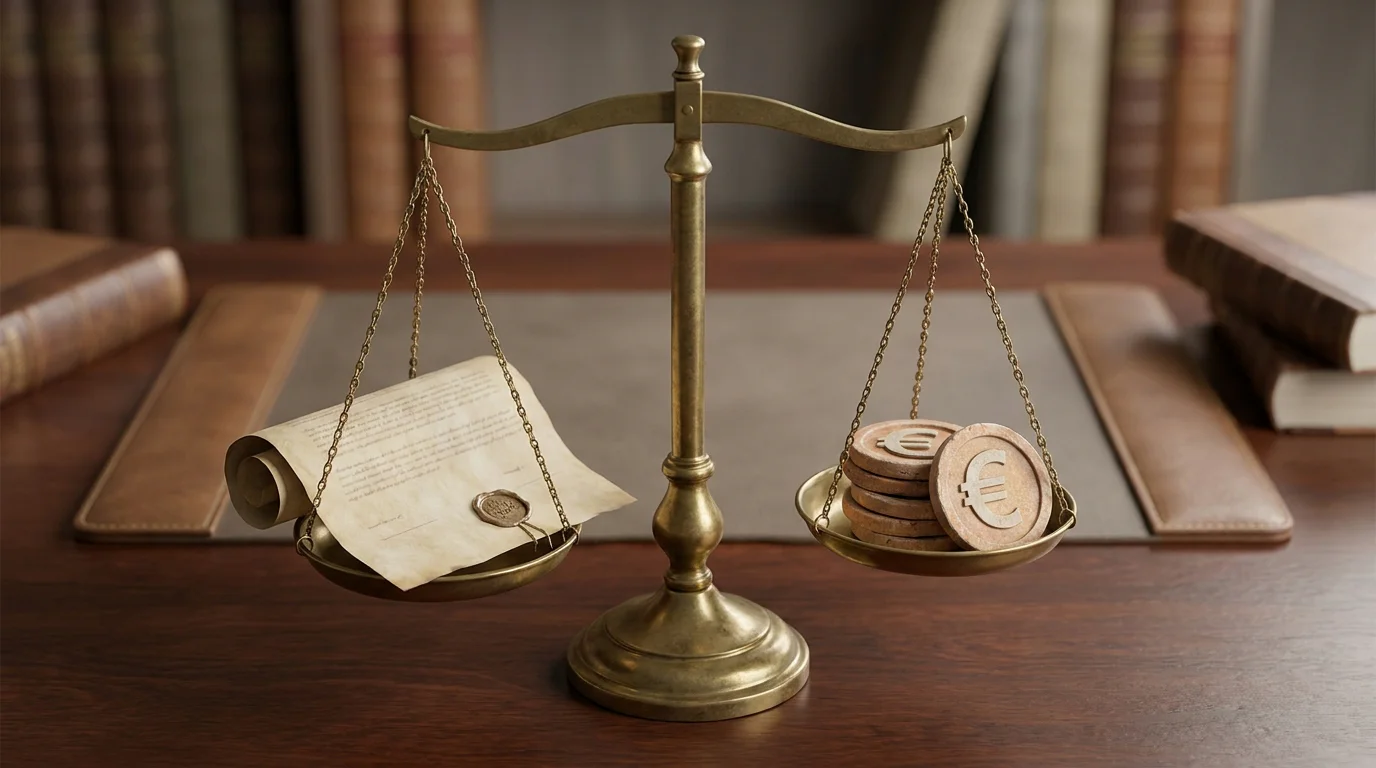 Waage auf einem Schreibtisch, links eine GGL-Lizenz-Urkunde ohne Hoheitszeichen, rechts ein Stapel Papier mit Euromünzen-Symbolen, neutrales Licht