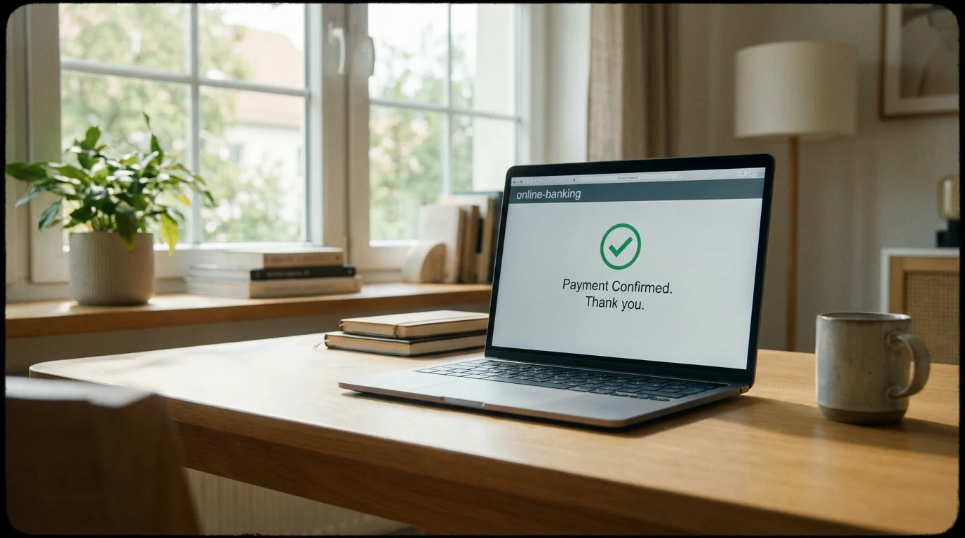 Laptop-Bildschirm mit Auszahlungs-Bestätigung, neutrales Online-Banking, Tageslicht am Fenster