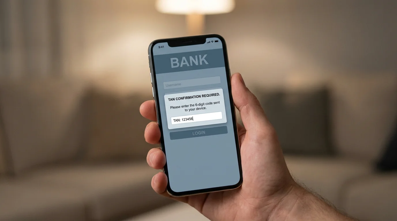Bank-Login-Fenster auf einem Smartphone mit TAN-Bestätigung, neutrale Farbgebung, keine Logos