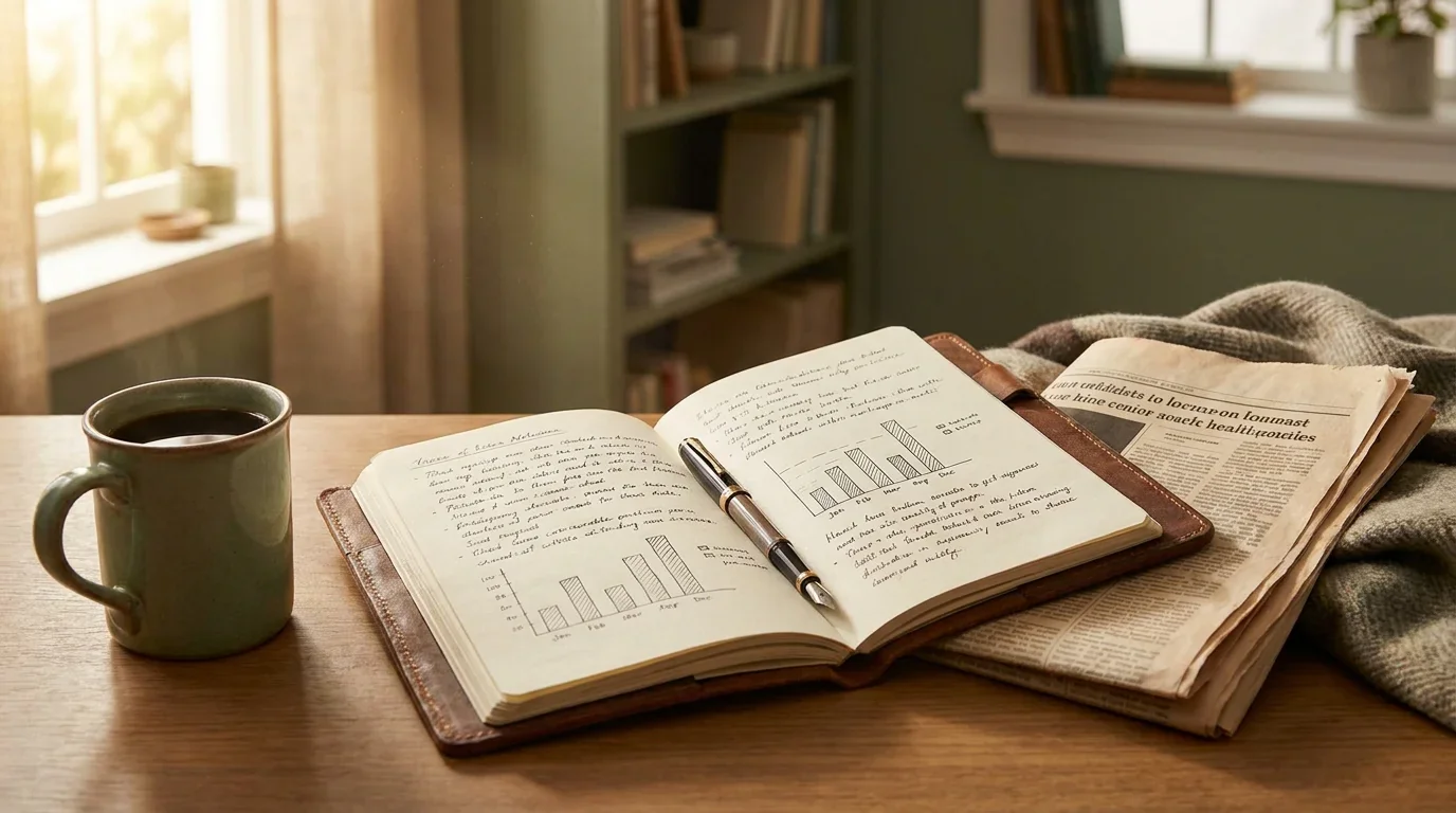 Notizbuch mit handschriftlichen Berechnungen zu Boni und Umsatzanforderungen neben einer Tasse Kaffee