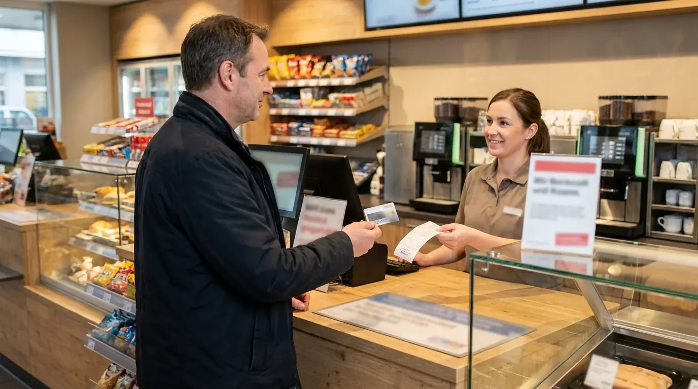 Tankstellen-Kasse mit paysafecard-Voucher und Quittung