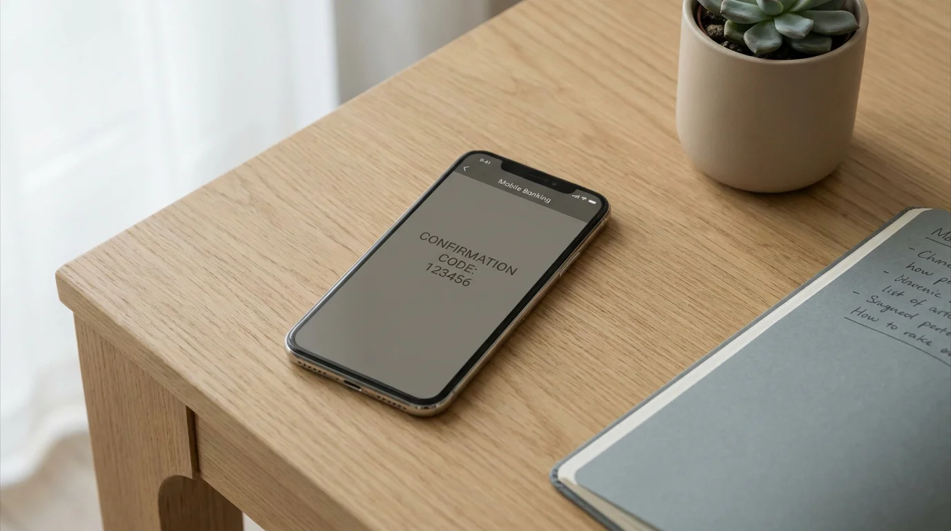 Smartphone mit PostFinance-App und Bestätigungs-TAN auf einem ruhigen Schreibtisch