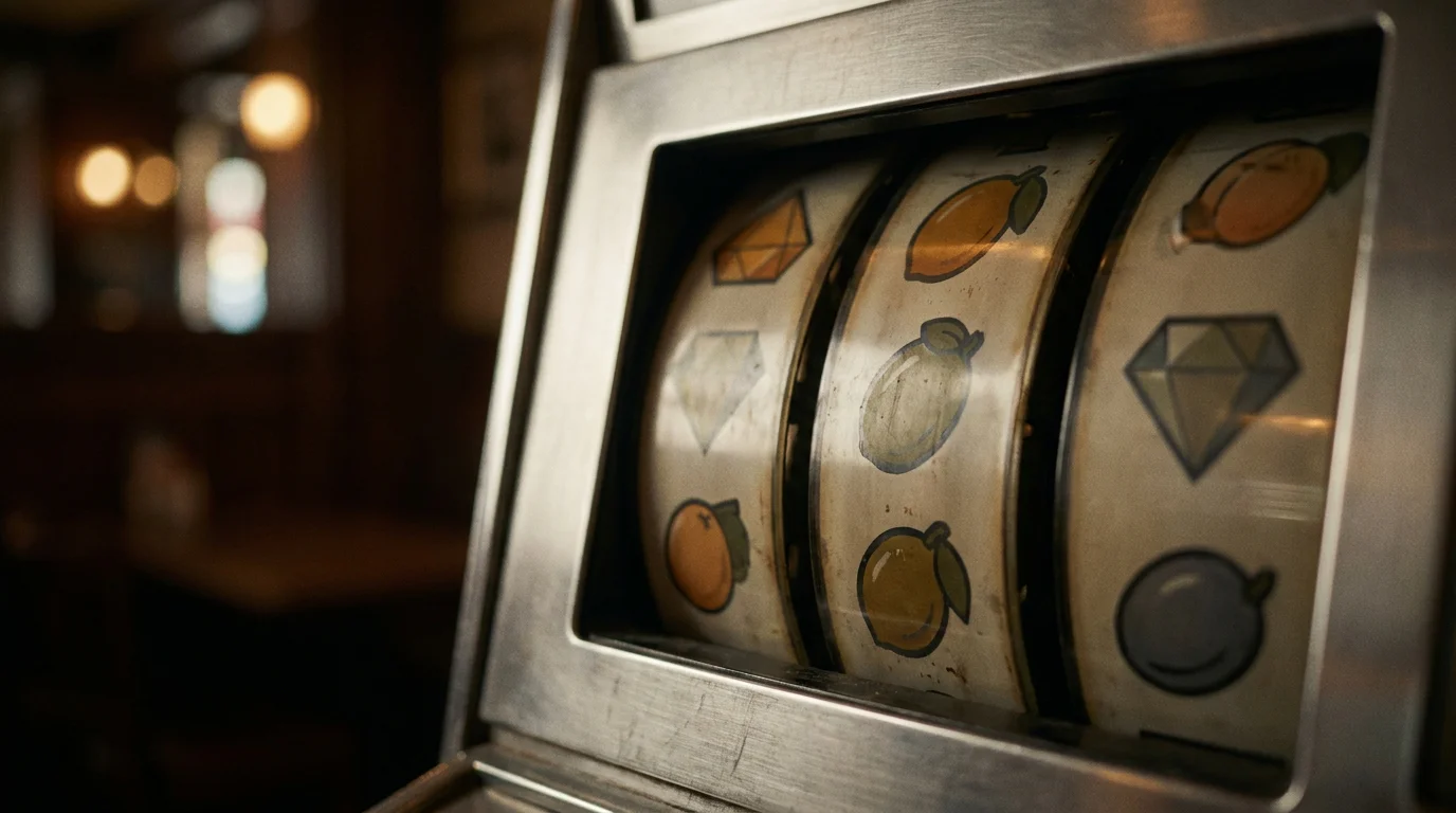 Stille Aufnahme einer Spielautomaten-Walze mit neutralen Symbolen, kein bekanntes Slot-Logo