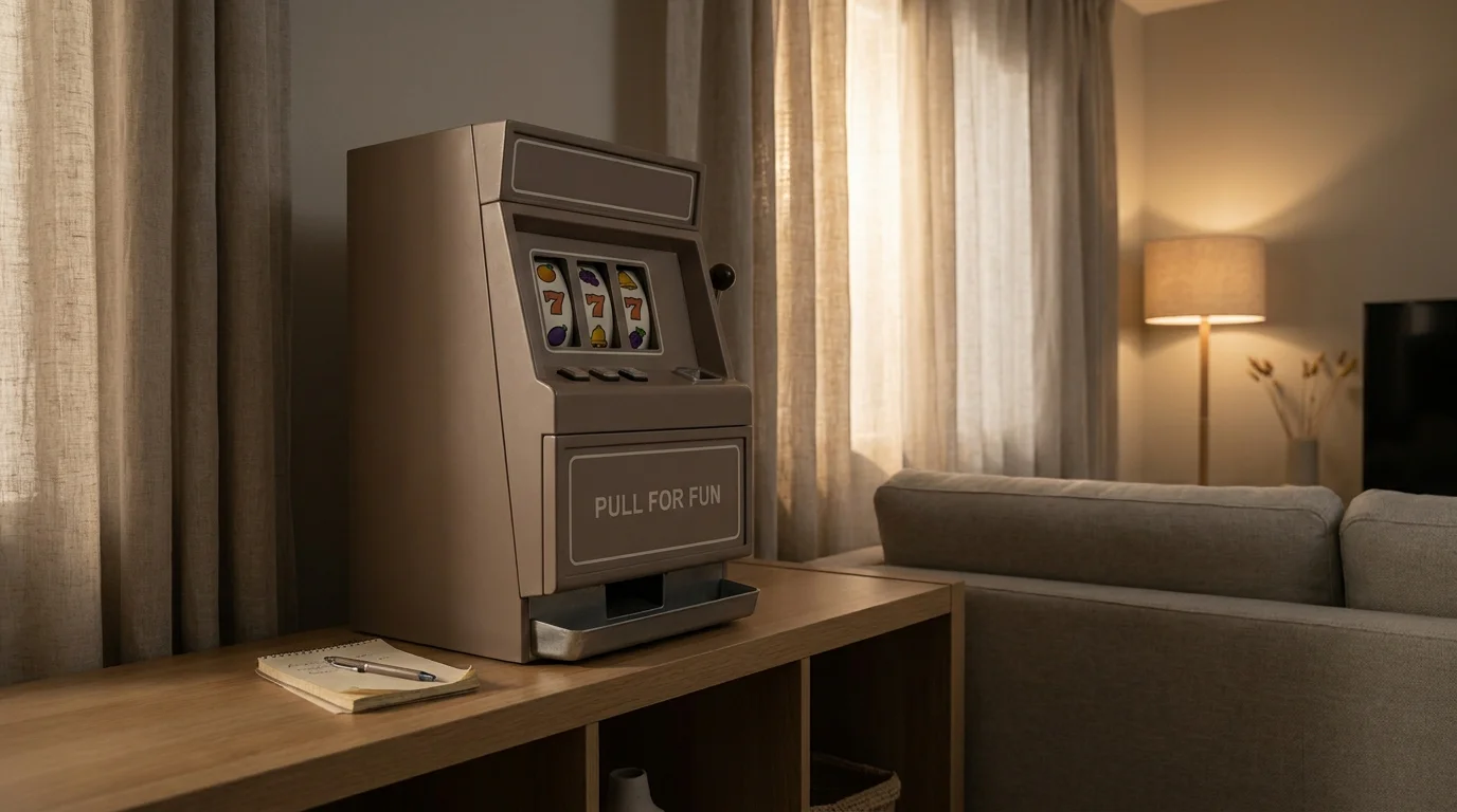 Slot-Auswahl: Stille Szene mit Spielautomat und Notizbuch daneben für RTP-Notizen