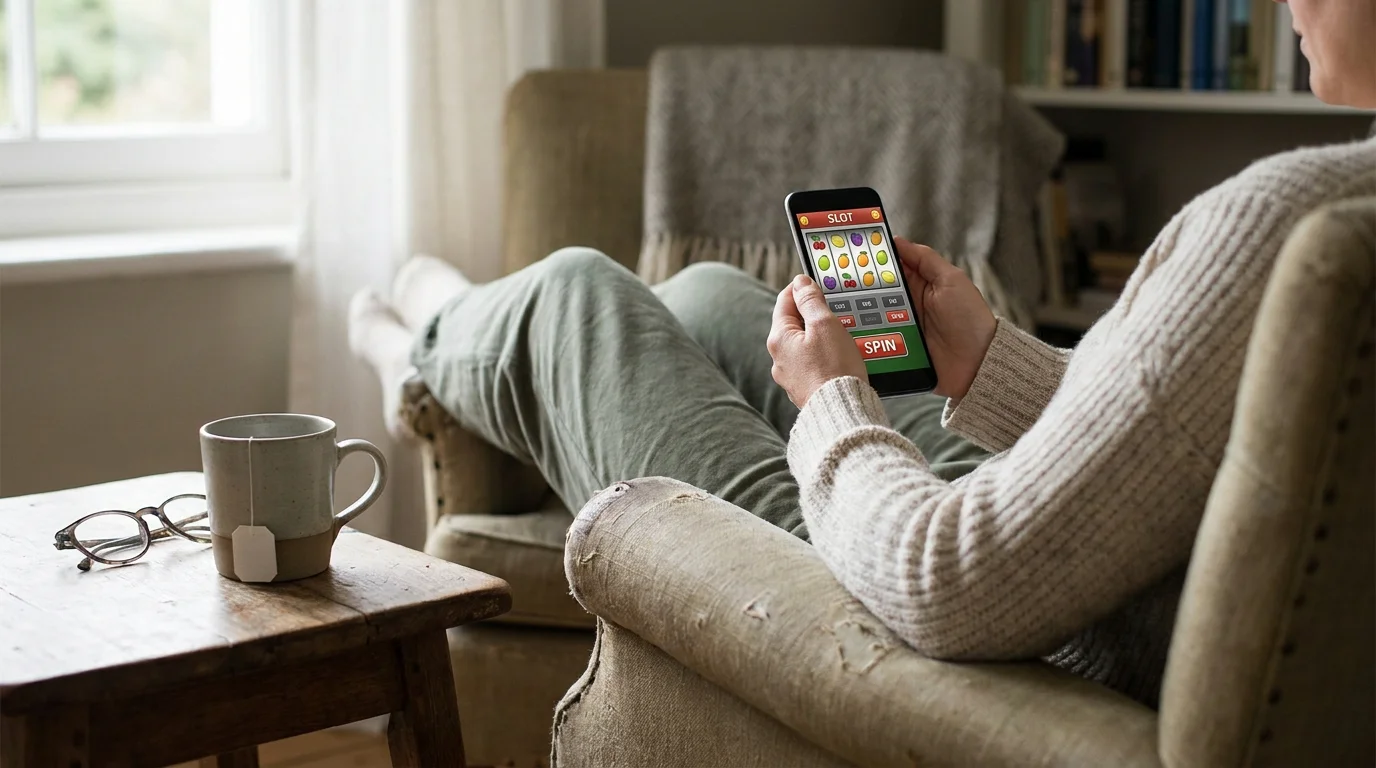 Smartphone mit Casino-App und Spielautomat im Hintergrund