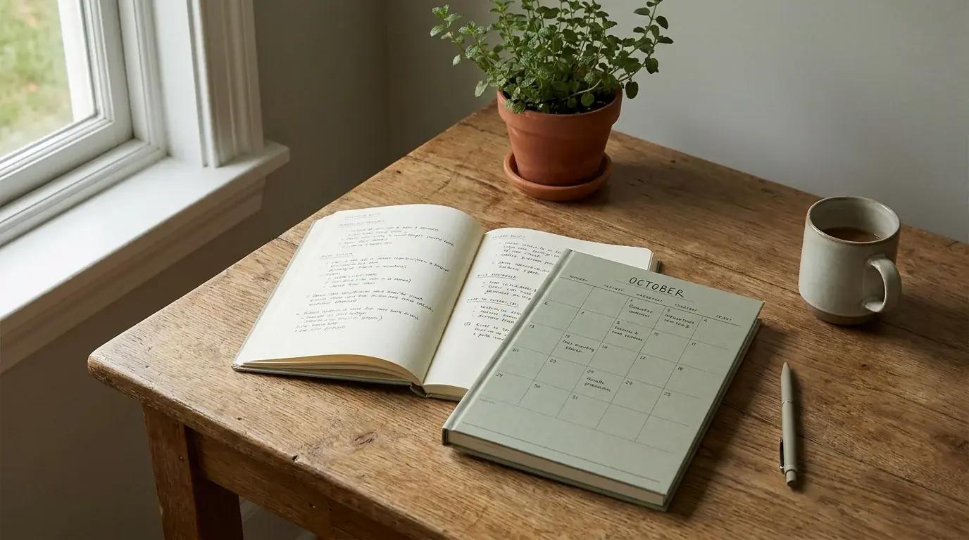 Notizbuch mit handschriftlichen Notizen und Pflanze auf Schreibtisch — Spielerschutz und Selbstreflexion