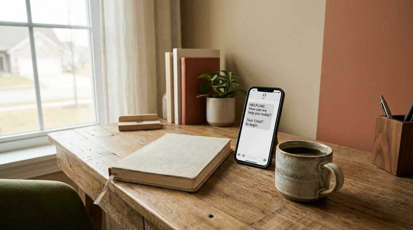 Ruhige Arbeitsumgebung mit Notizbuch und einem Handy, das eine Sperr-Hotline anzeigt