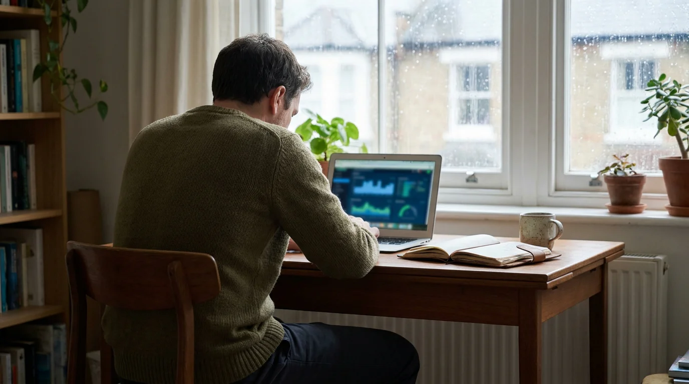 Ruhige deutsche Innenstadt-Szene mit Person am Laptop und Notizbuch, neutrales Büro ohne Branding