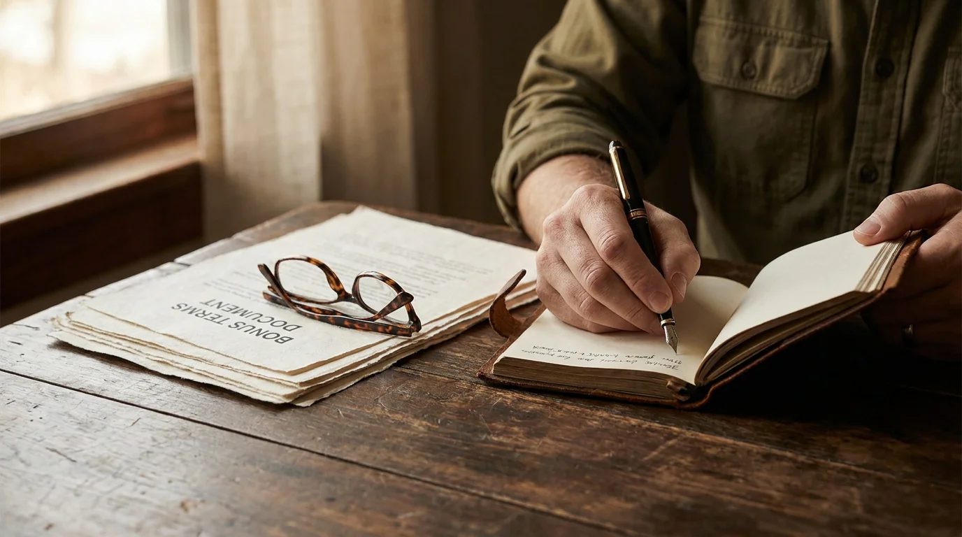Notizbuch mit Stift und ausgedrucktem Bonus-Dokument daneben