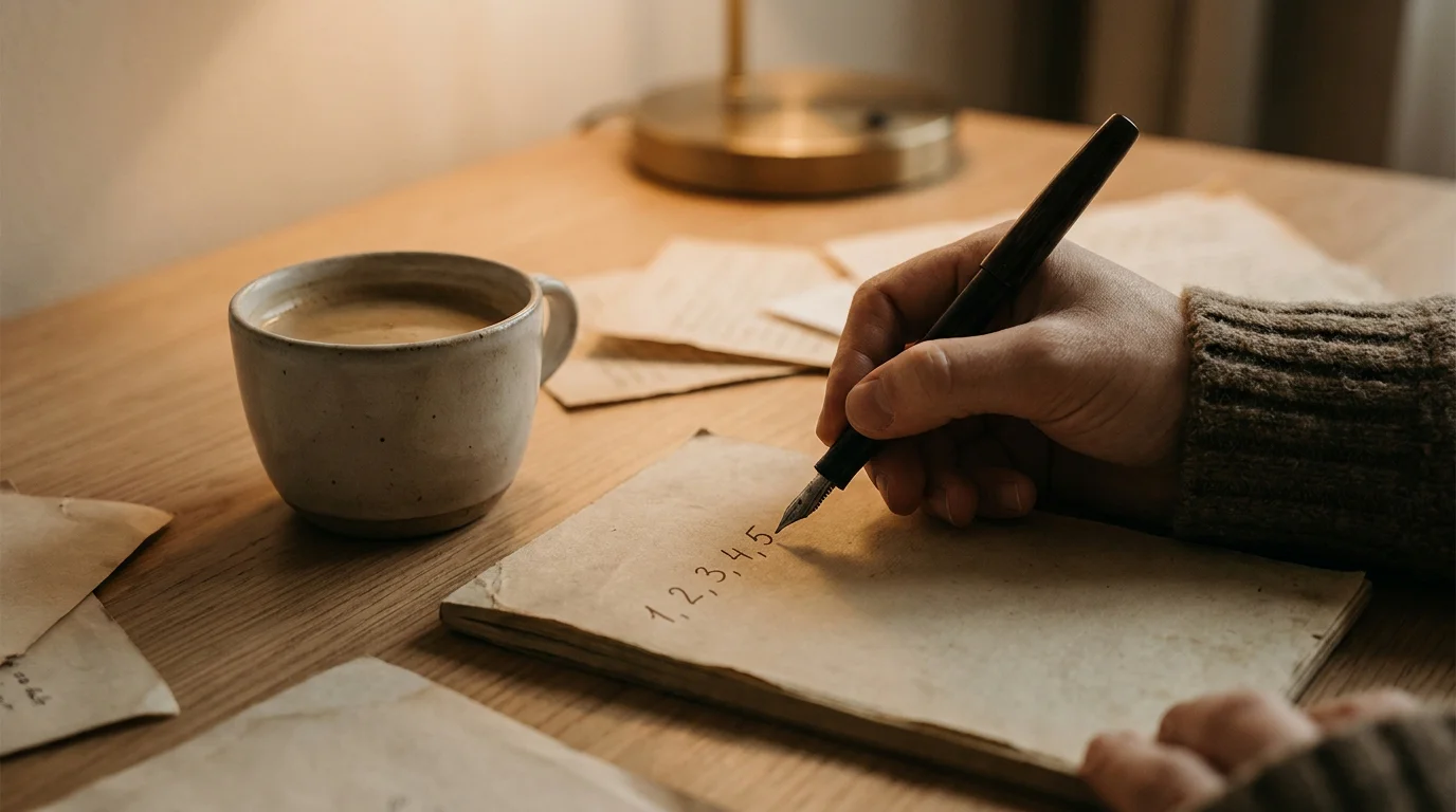 Hand schreibt Zahlen auf ein Notizbuch neben einer Tasse Kaffee