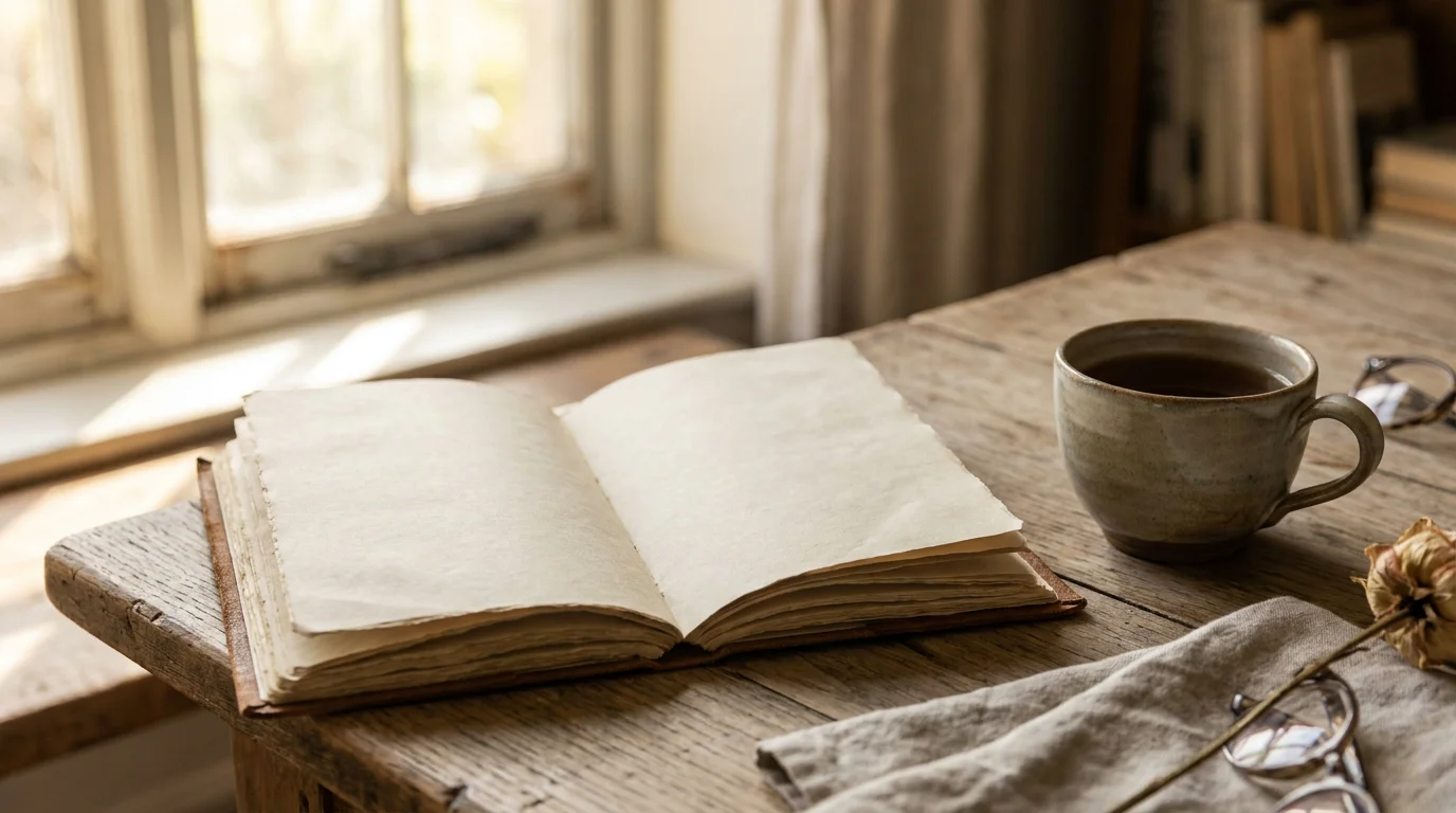 Ruhige Szene mit aufgeschlagenem Tagebuch und Stift neben Tasse Tee