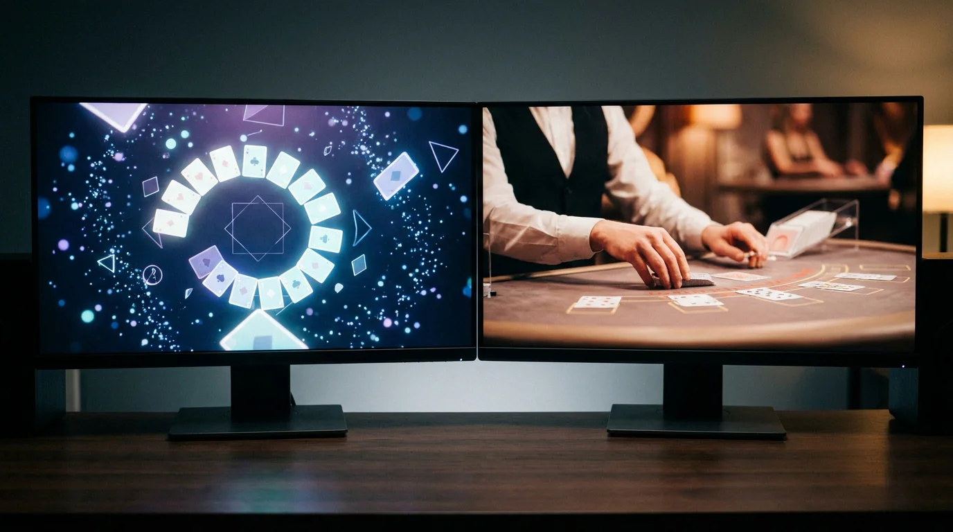 Zwei Bildschirme mit virtuellem Kartenspiel und einem gestreamten Live-Tisch im direkten Vergleich