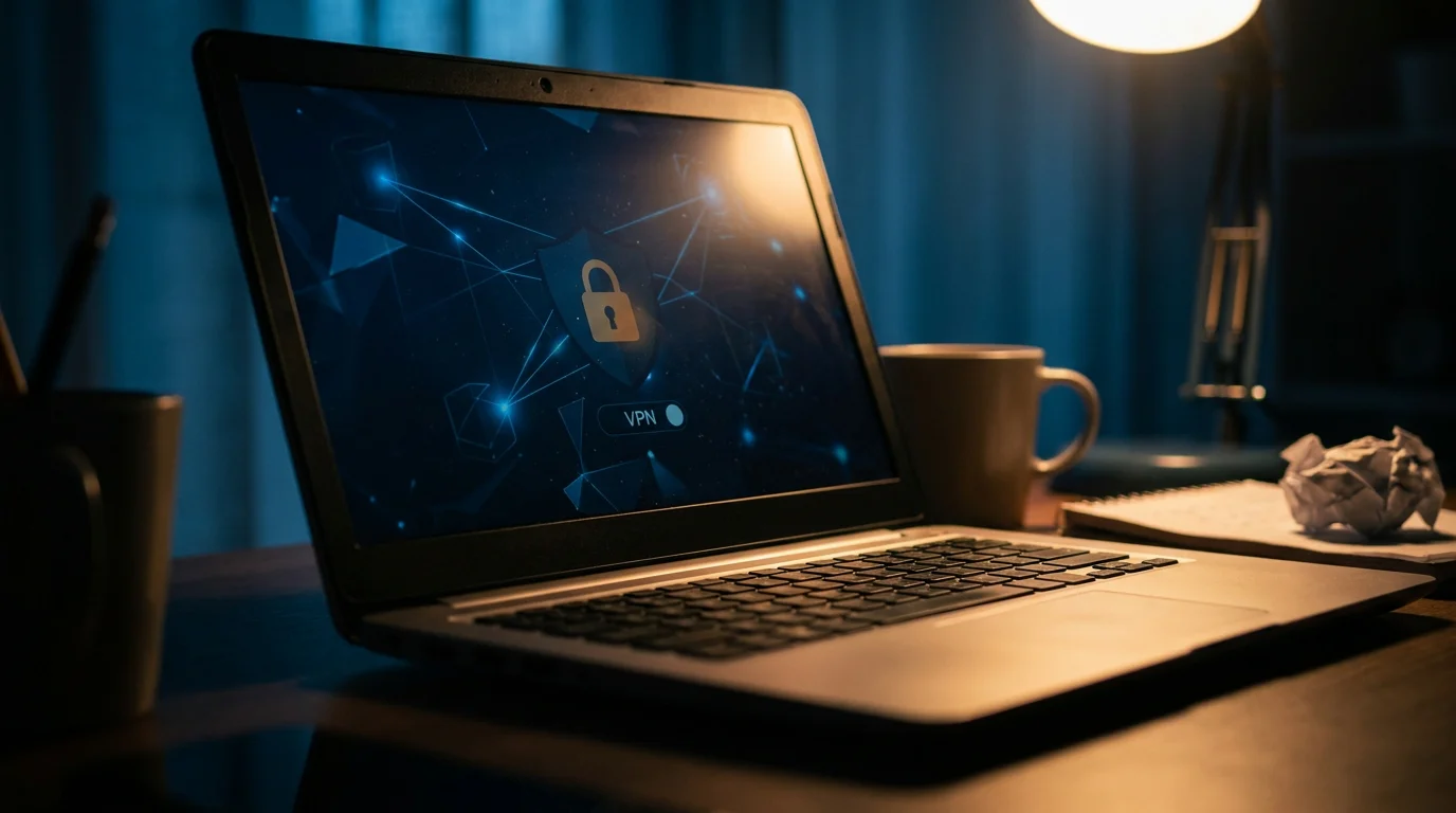 Bildschirm mit verschwommener VPN-Aktivität und einem dezenten Schloss-Symbol, dunkle Stimmung, kein Schriftzug