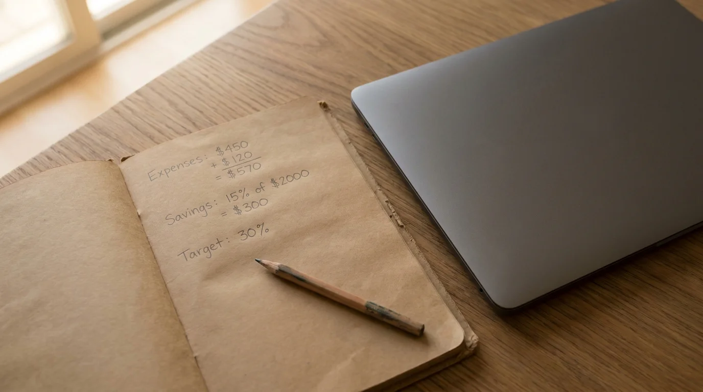 Notizbuch mit handgeschriebener Wagering-Rechnung neben einem Laptop