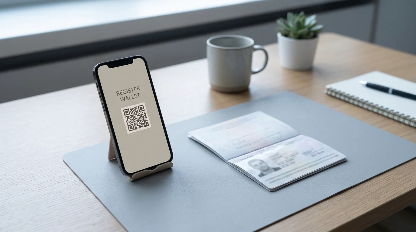 Smartphone mit Coinbase-ähnlicher App und danebenliegender Reisepass-Kopie