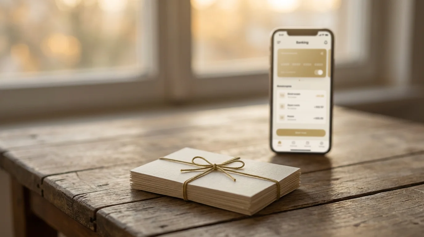 Stapel von Bonus-Karten auf einem Holztisch mit einem Smartphone im Hintergrund