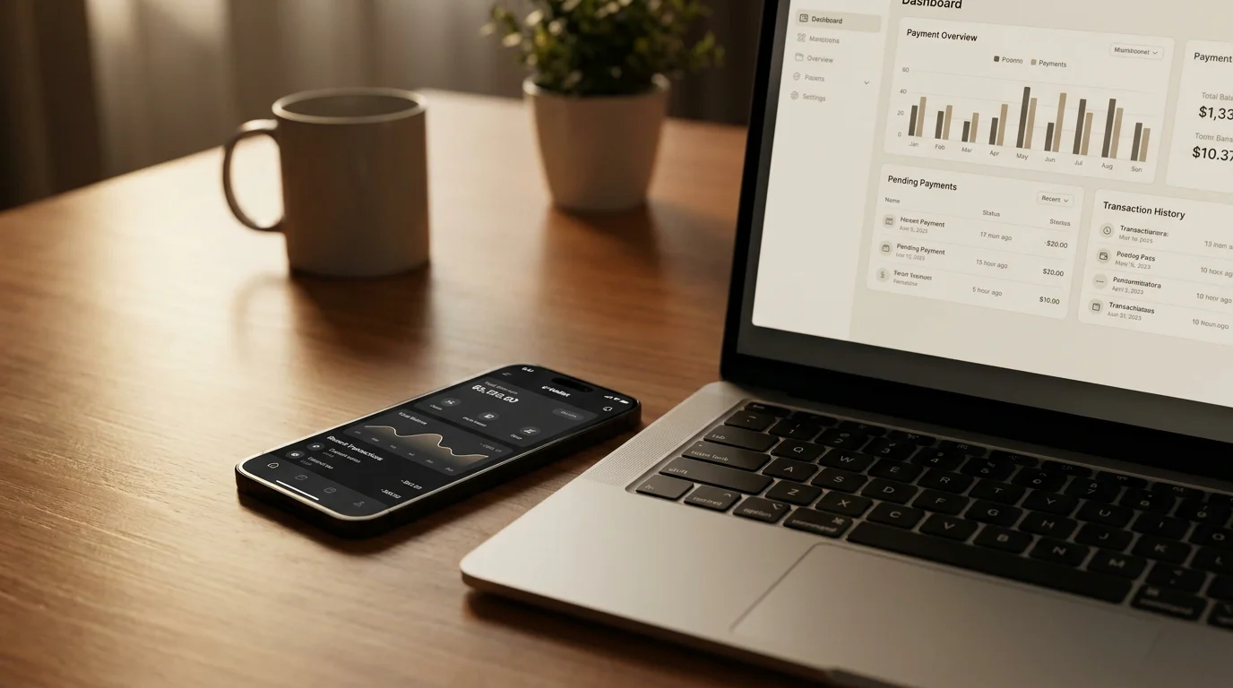 Smartphone mit geöffneter E-Wallet-App neben einem Laptop mit Zahlungsübersicht